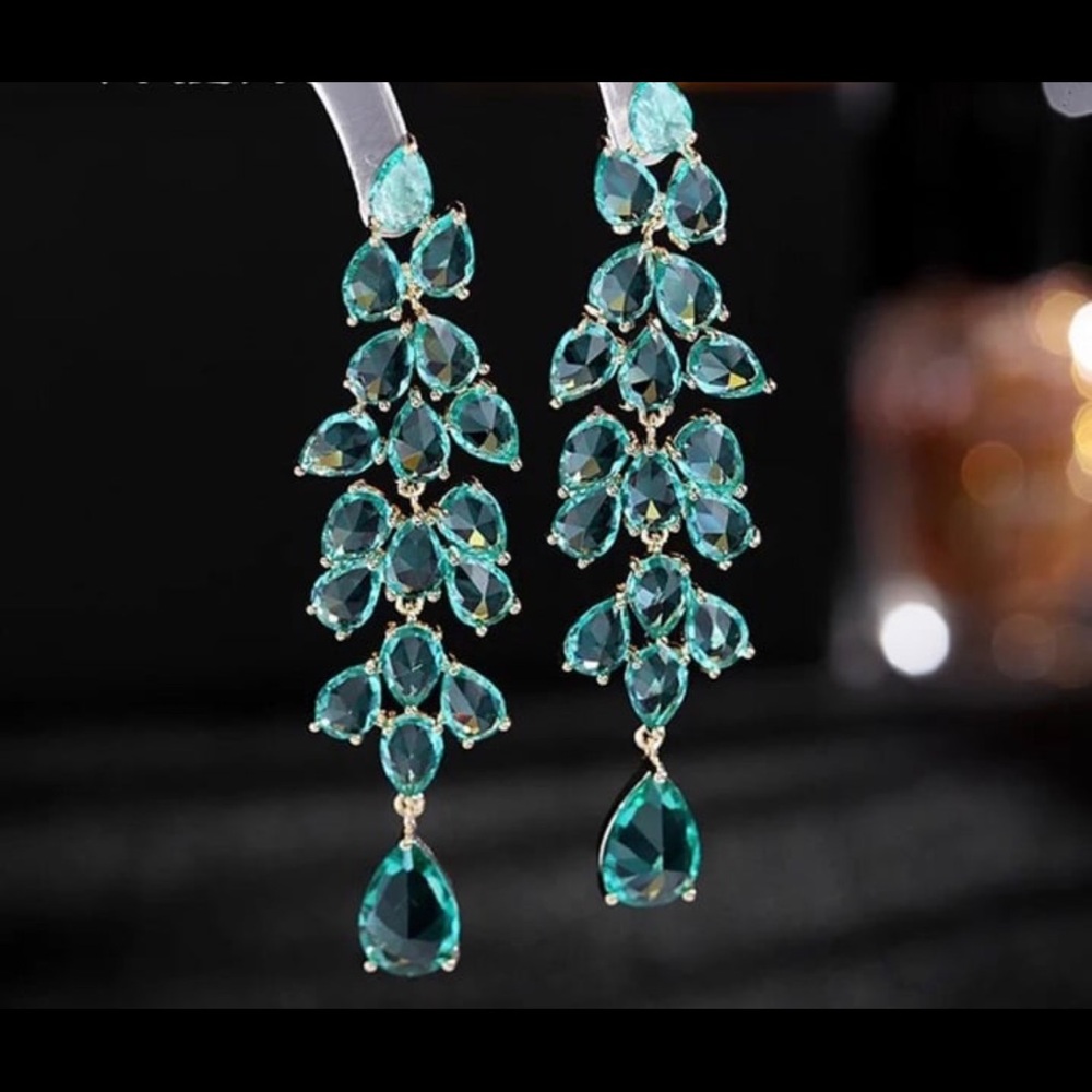 - 925 Silver Pear Cut turquoise shade chandelier bridal earrings